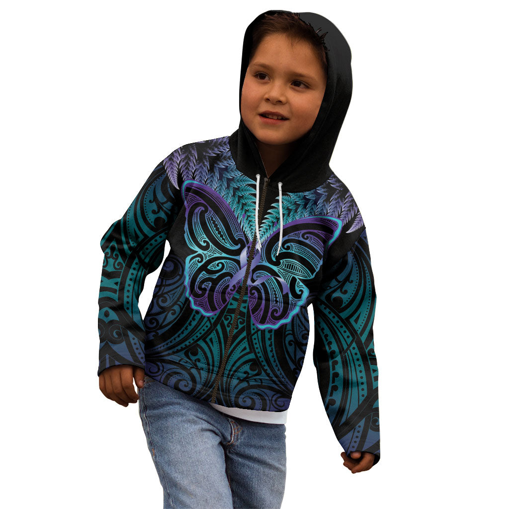 Suicide Prevention New Zealand Kid Hoodie Aotearoa Maori Butterfly Mix Silver Fern