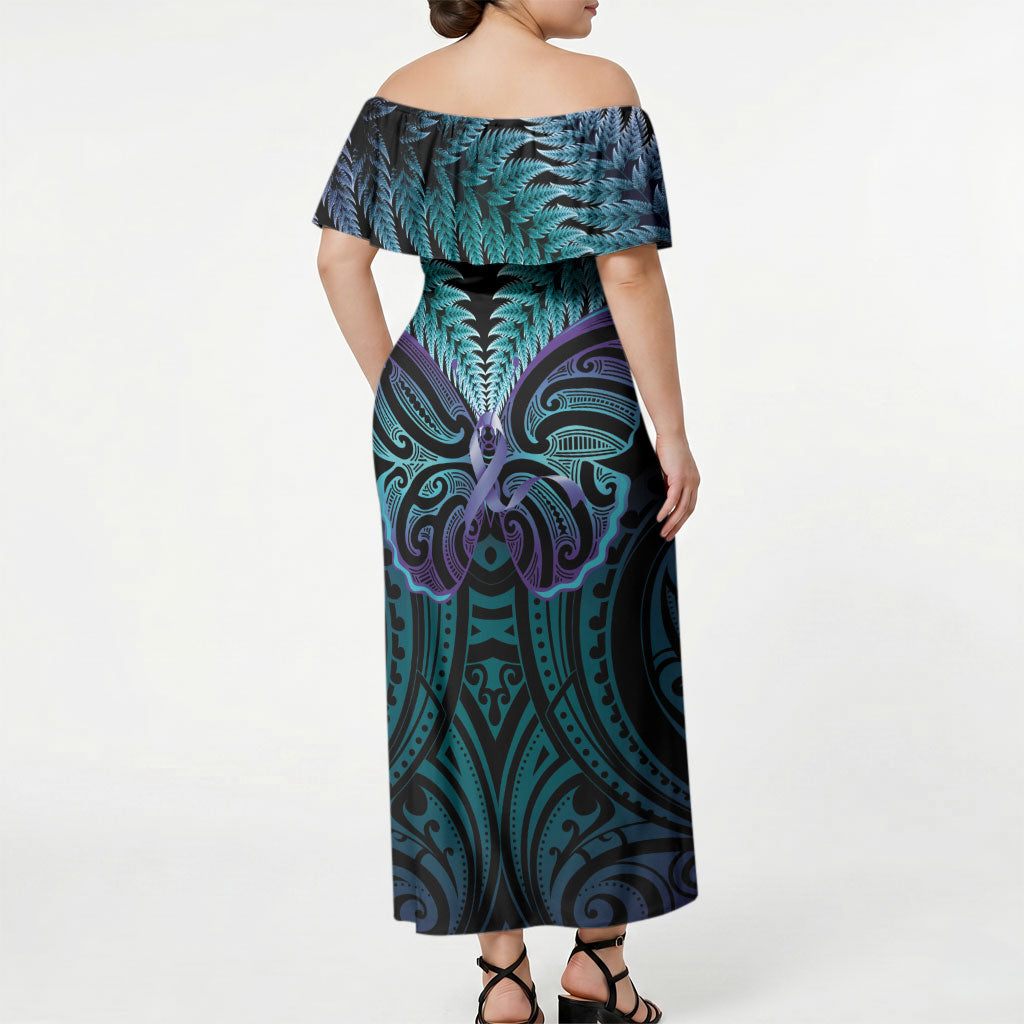 Suicide Prevention New Zealand Off Shoulder Maxi Dress Aotearoa Maori Butterfly Mix Silver Fern