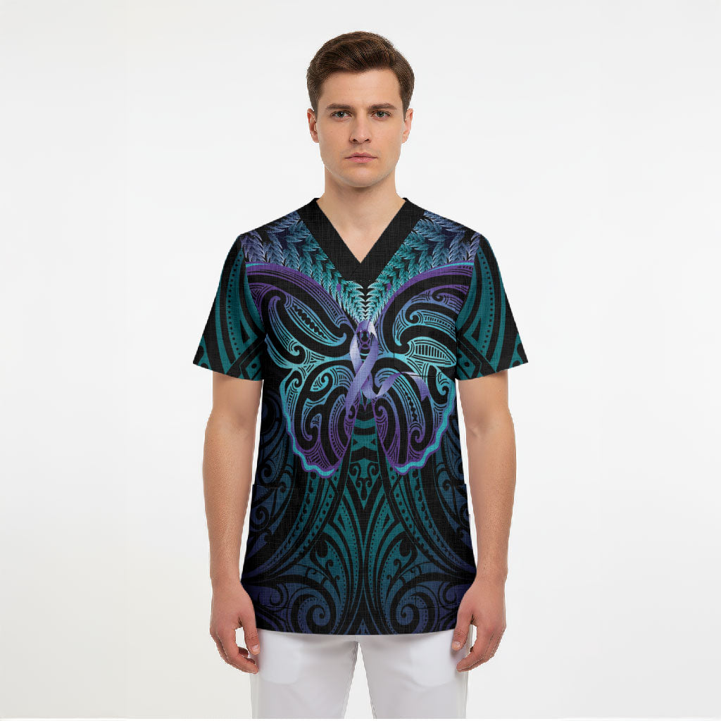 Suicide Prevention New Zealand Scrub Top Aotearoa Maori Butterfly Mix Silver Fern