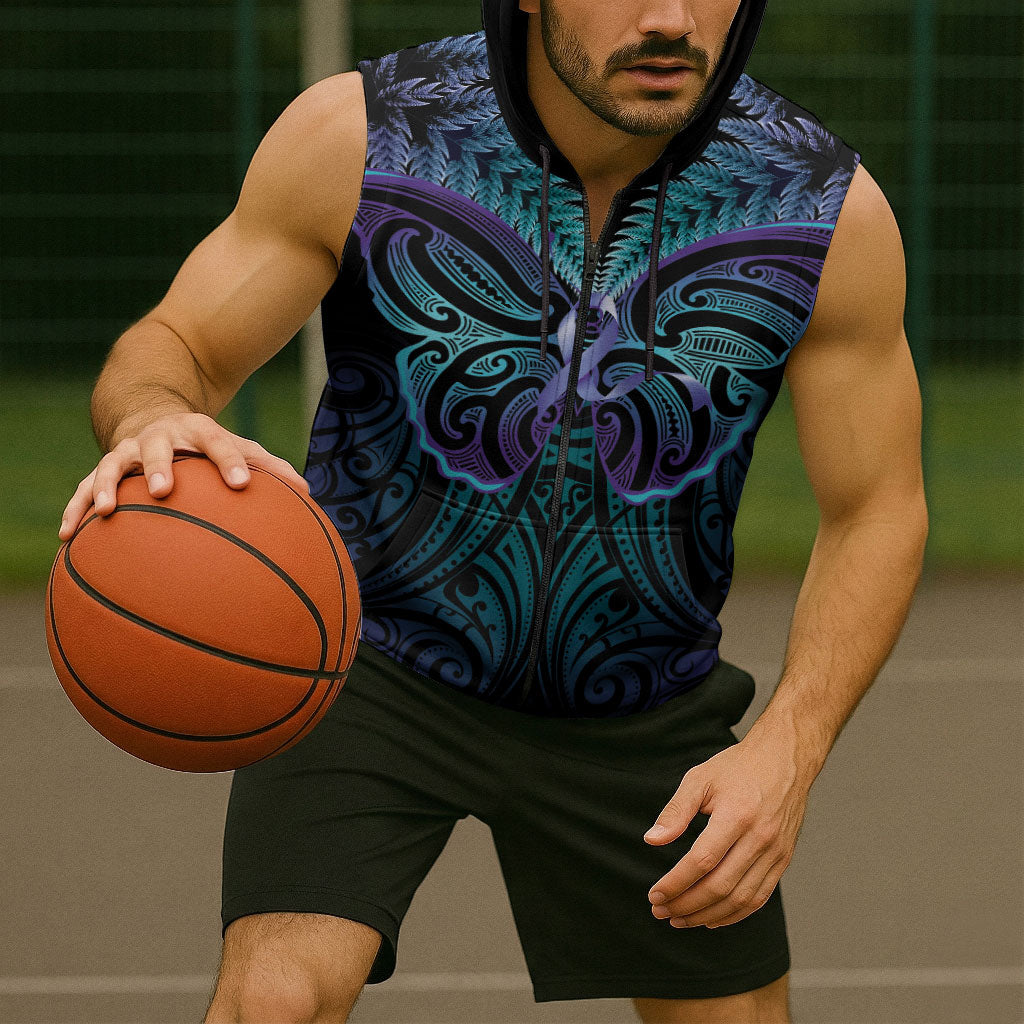 Suicide Prevention New Zealand Sleeveless Zip Hoodie Aotearoa Maori Butterfly Mix Silver Fern