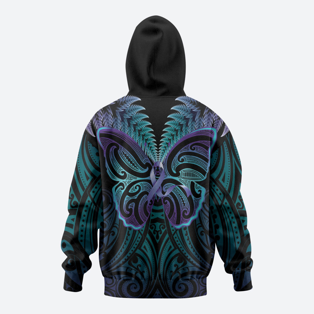 Suicide Prevention New Zealand Zip Hoodie Aotearoa Maori Butterfly Mix Silver Fern