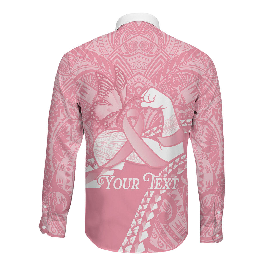 Personalised Polynesia Breast Cancer Support Long Sleeve Button Shirt Brave Strong Butterfly Pink Ribbon