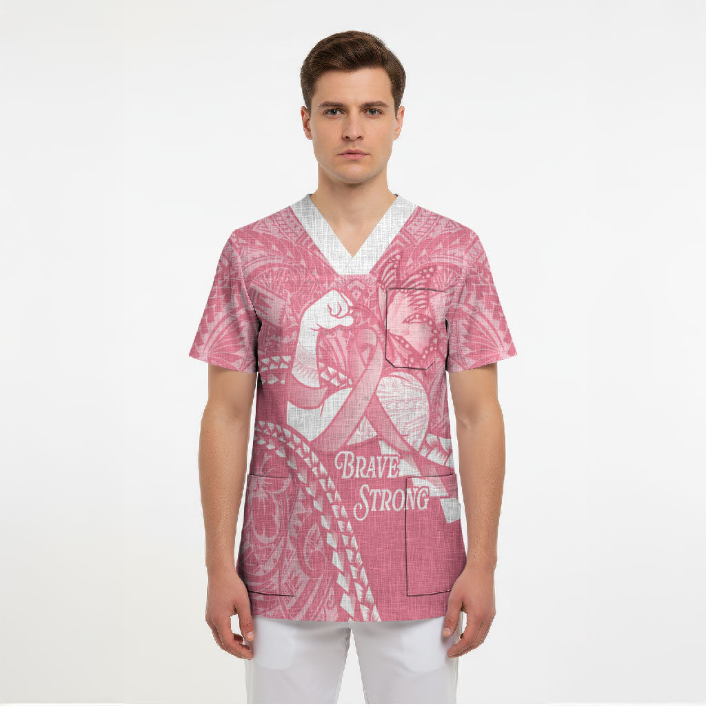 Personalised Polynesia Breast Cancer Support Scrub Top Brave Strong Butterfly Pink Ribbon