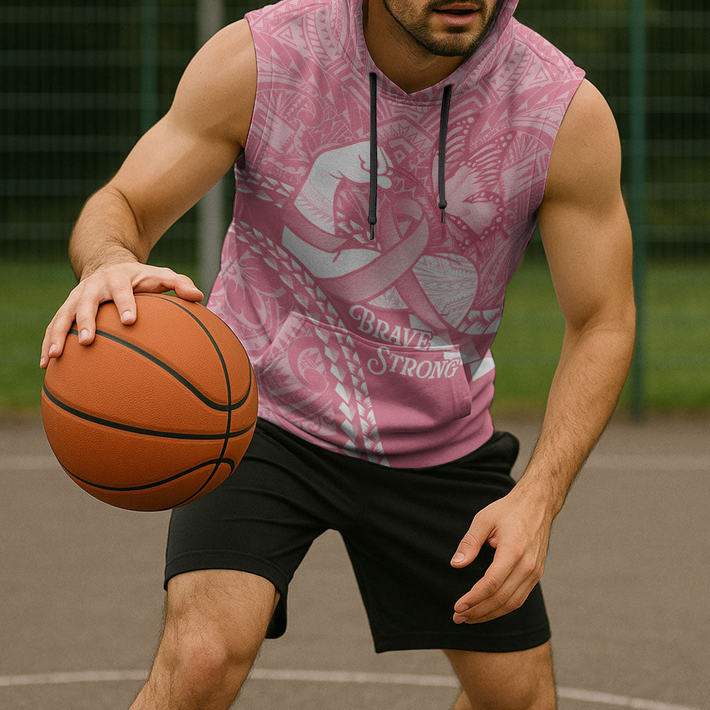Personalised Polynesia Breast Cancer Support Sleeveless Hoodie Brave Strong Butterfly Pink Ribbon