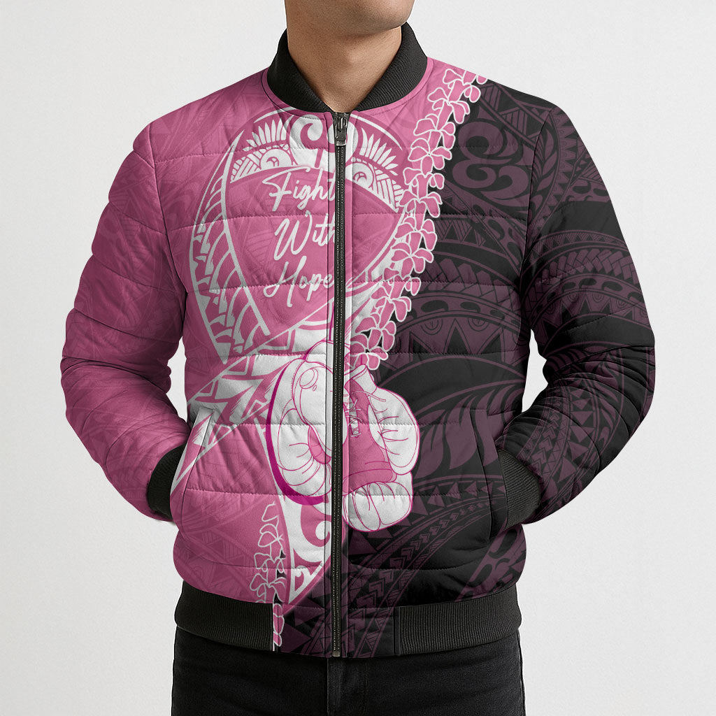 Personalised Polynesia Breast Cancer Support Bomber Puffer Jacket Fight With Hope Pink Ribbon Boxing Gloves