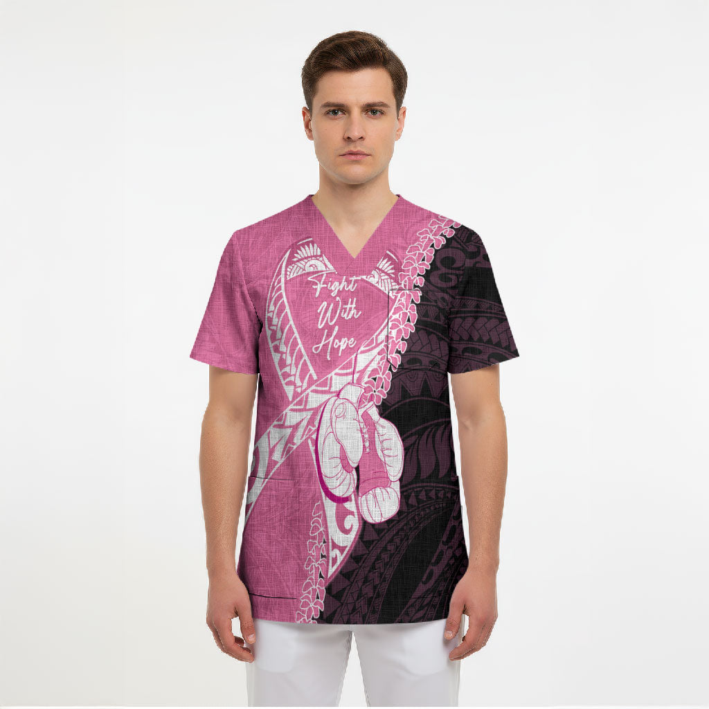 Personalised Polynesia Breast Cancer Support Scrub Top Fight With Hope Pink Ribbon Boxing Gloves