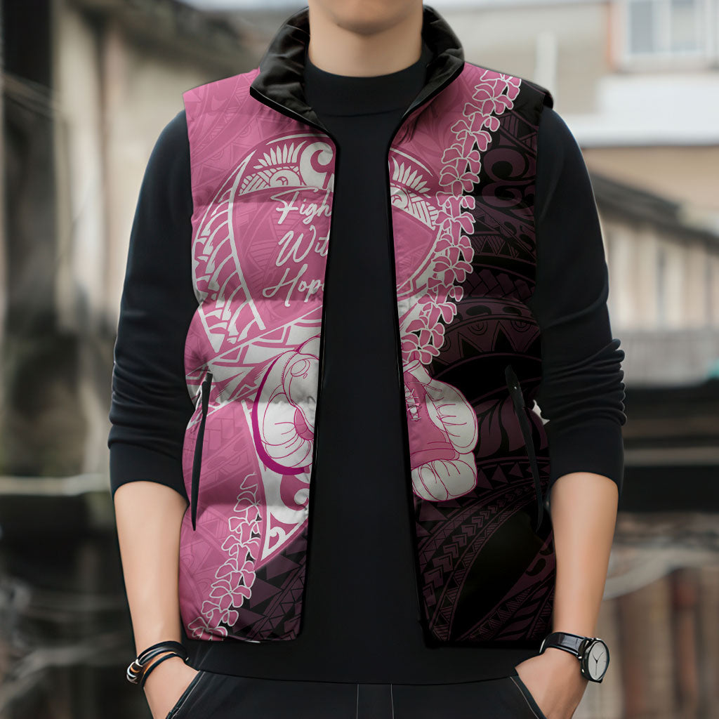 Personalised Polynesia Breast Cancer Support Sleeveless Puffer Jacket Fight With Hope Pink Ribbon Boxing Gloves