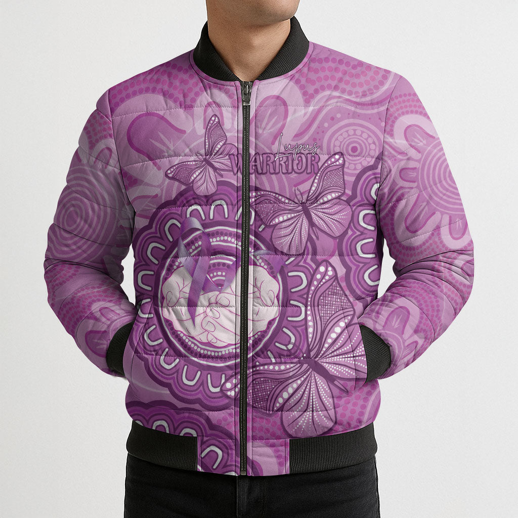 Australia Lupus Support Month Personalised Bomber Puffer Jacket Warrior Purple Ribbon Butterflies Indigenous Art