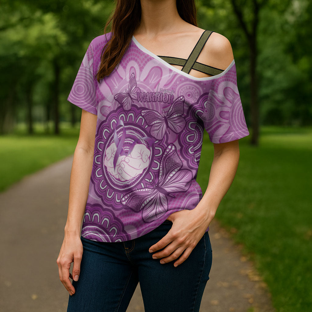 Australia Lupus Support Month Personalised Cross Shoulder Shirt Warrior Purple Ribbon Butterflies Indigenous Art