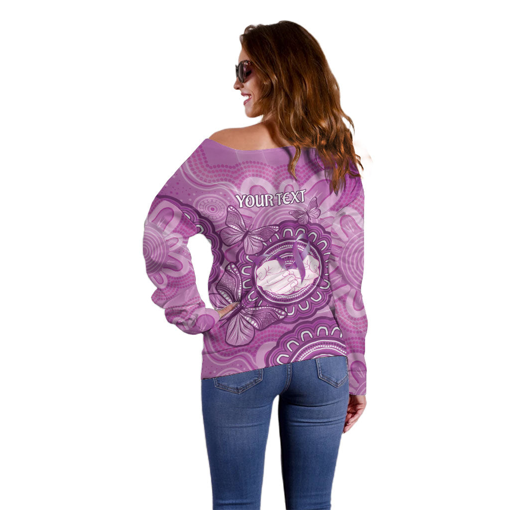 Australia Lupus Support Month Personalised Off Shoulder Sweater Warrior Purple Ribbon Butterflies Indigenous Art
