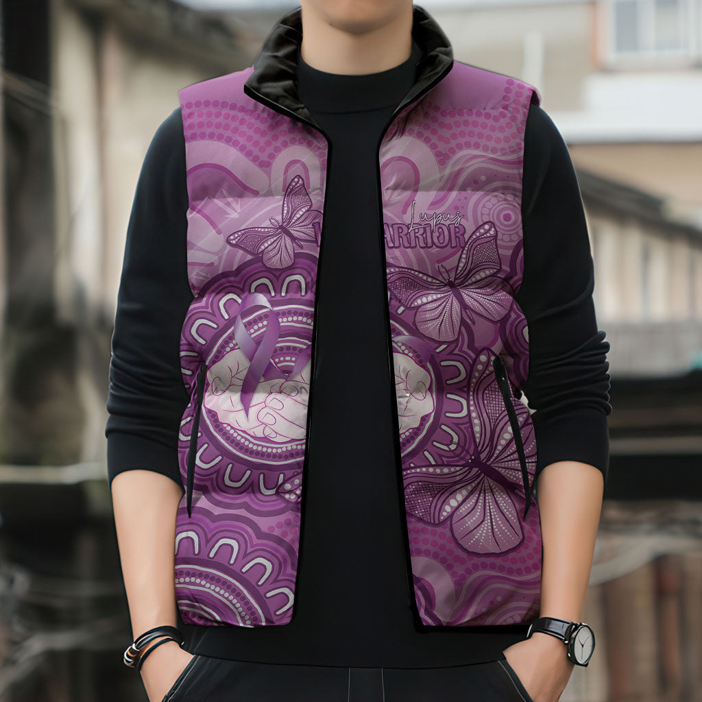 Australia Lupus Support Month Personalised Sleeveless Puffer Jacket Warrior Purple Ribbon Butterflies Indigenous Art