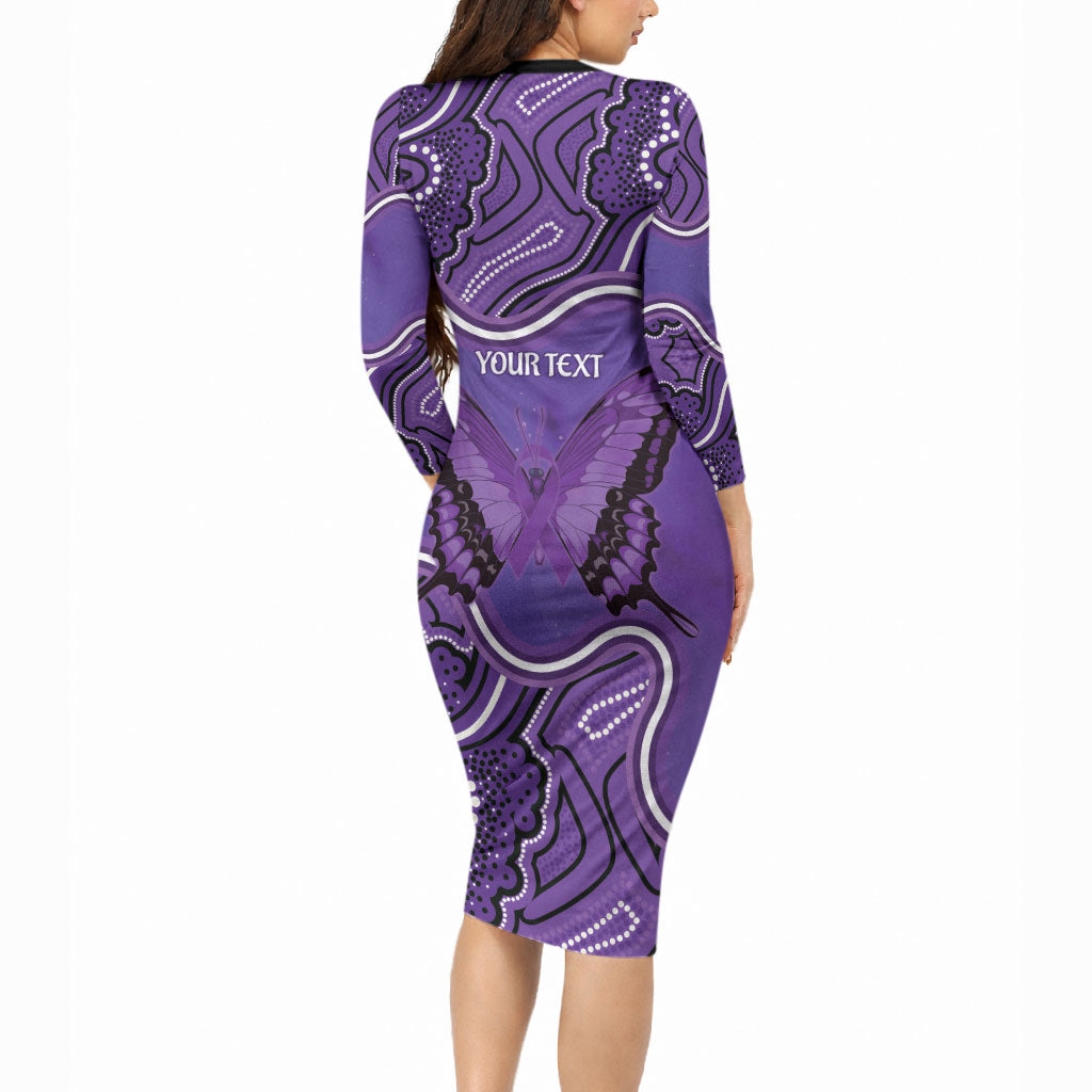 Australia Lupus Support Month Personalised Long Sleeve Bodycon Dress Butterfly Purple Ribbon Invisible Illness Indigenous Art