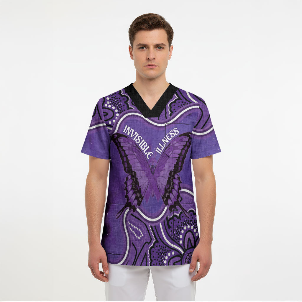 Australia Lupus Support Month Personalised Scrub Top Butterfly Purple Ribbon Invisible Illness Indigenous Art