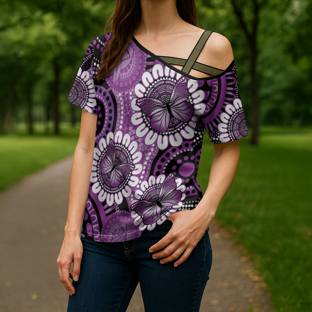 Australia Indigenous Butterflies Personalised Cross Shoulder Shirt Lupus Support Purple Ribbon Aboriginal Art
