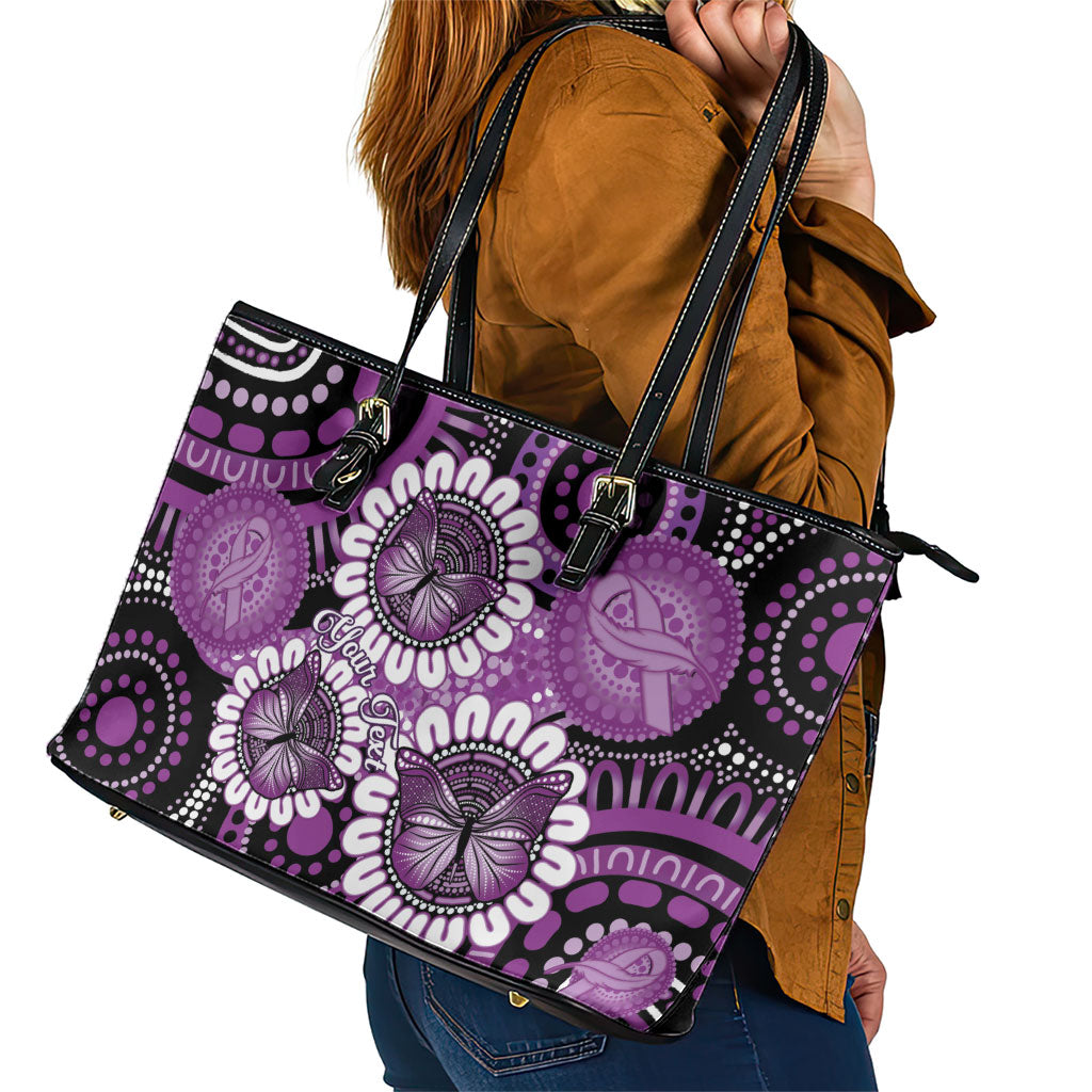 Australia Indigenous Butterflies Personalised Leather Tote Bag Lupus Support Purple Ribbon Aboriginal Art