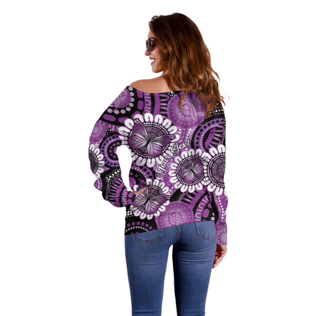 Australia Indigenous Butterflies Personalised Off Shoulder Sweater Lupus Support Purple Ribbon Aboriginal Art