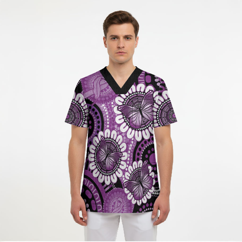 Australia Indigenous Butterflies Personalised Scrub Top Lupus Support Purple Ribbon Aboriginal Art