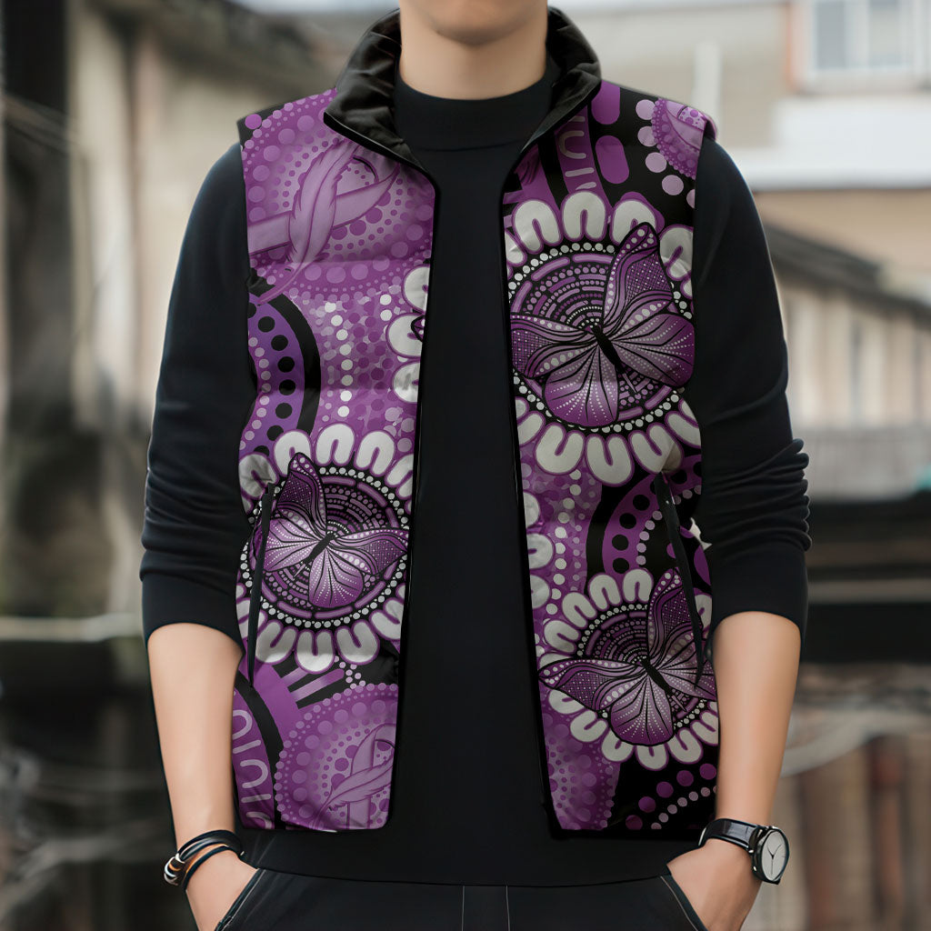 Australia Indigenous Butterflies Personalised Sleeveless Puffer Jacket Lupus Support Purple Ribbon Aboriginal Art