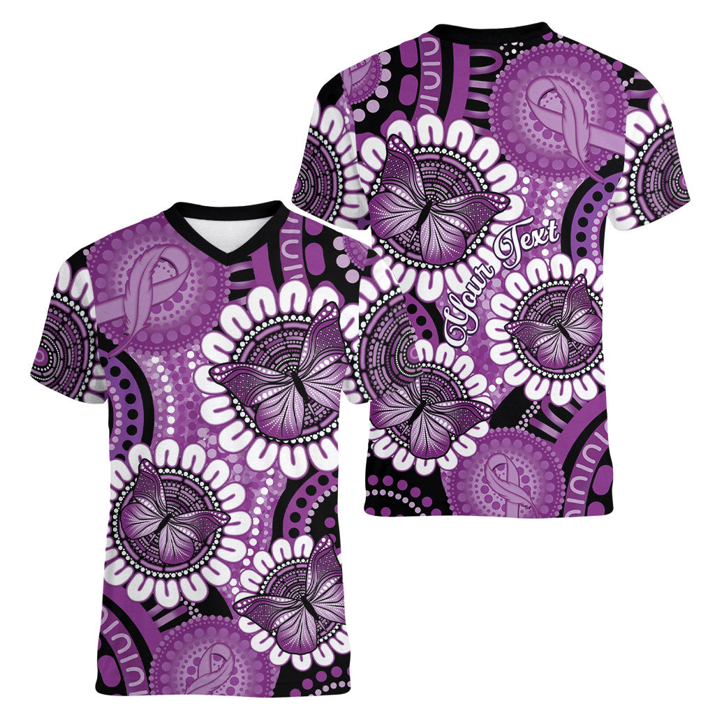 Australia Indigenous Butterflies Personalised Women V-Neck T-Shirt Lupus Support Purple Ribbon Aboriginal Art