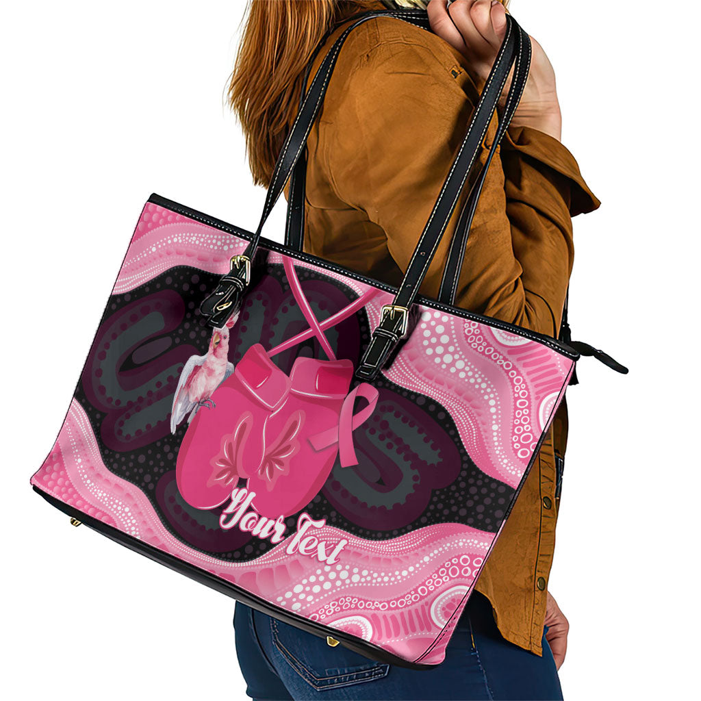 Personalised Australia Breast Cancer Support Leather Tote Bag Pink Cockatoo Fight Boxing Gloves Aboriginal Art