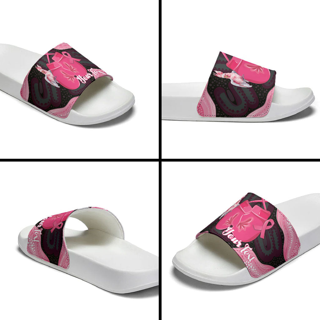 Personalised Australia Breast Cancer Support Slide Sandals Pink Cockatoo Fight Boxing Gloves Aboriginal Art