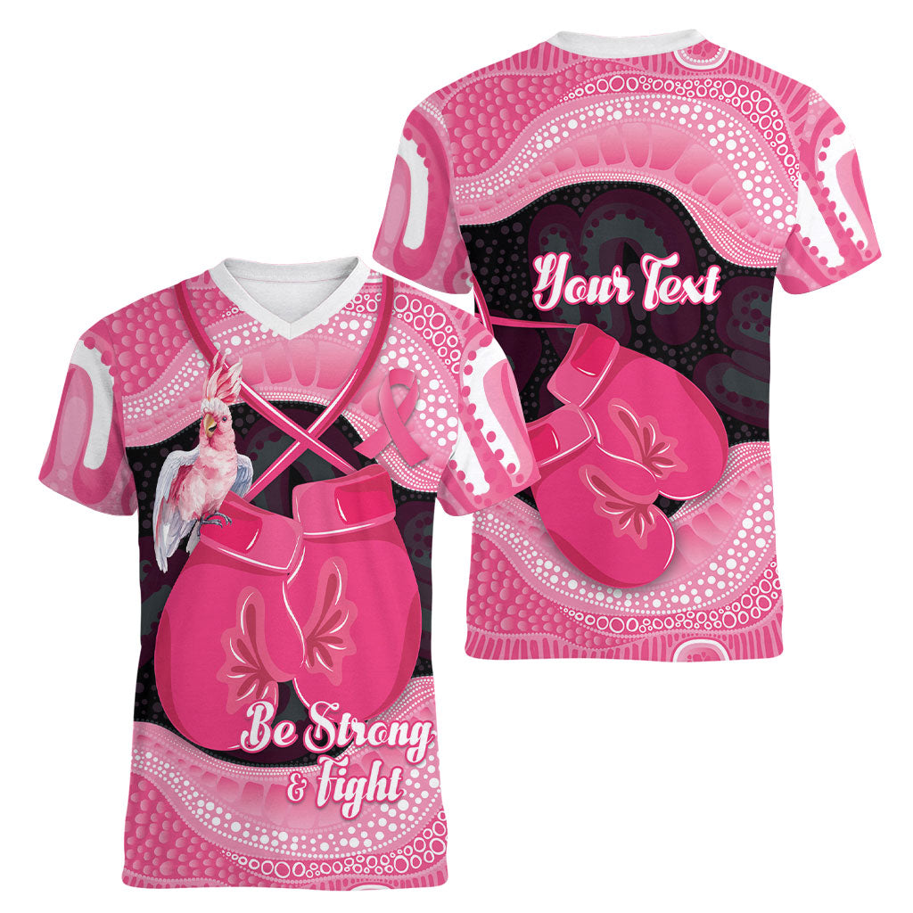 Personalised Australia Breast Cancer Support Women V-Neck T-Shirt Pink Cockatoo Fight Boxing Gloves Aboriginal Art