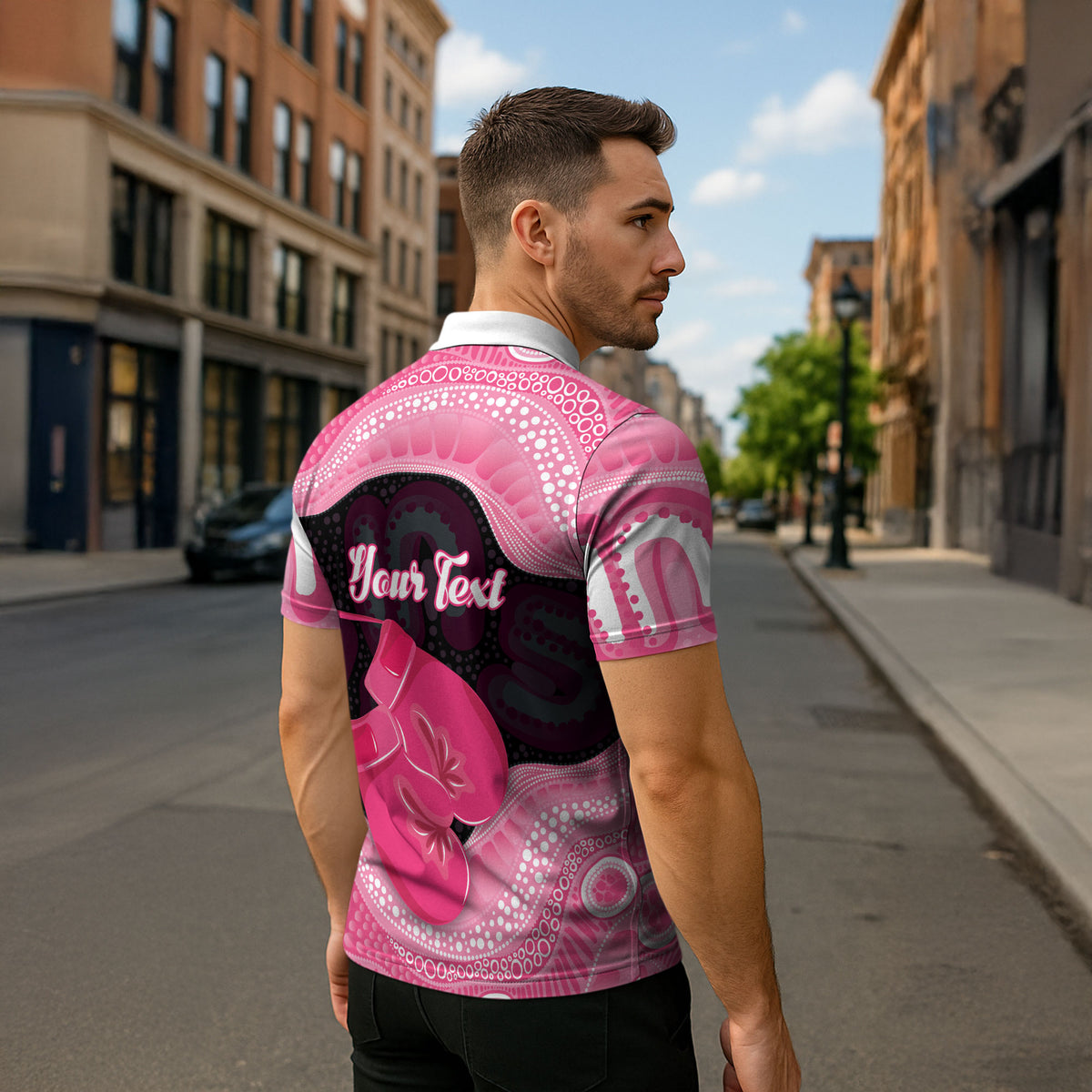 Personalised Australia Breast Cancer Support Zipper Polo Shirt Pink Cockatoo Fight Boxing Gloves Aboriginal Art