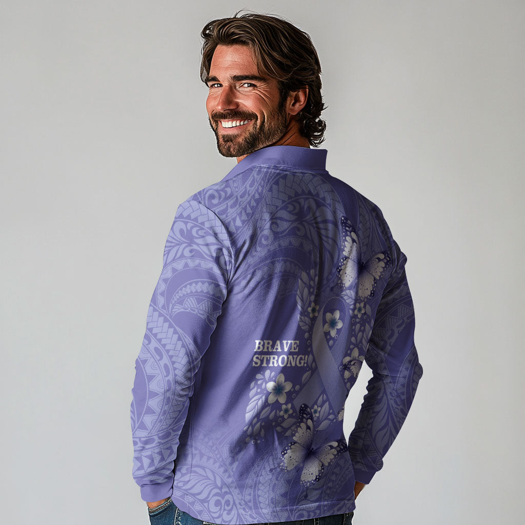 Polynesia Stomach Cancer Support Long Sleeve Polo Shirt Periwinkle Ribbon Brave Strong