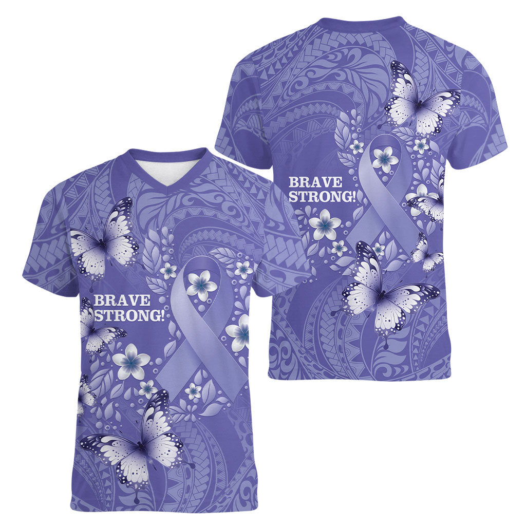Polynesia Stomach Cancer Support Women V-Neck T-Shirt Periwinkle Ribbon Brave Strong