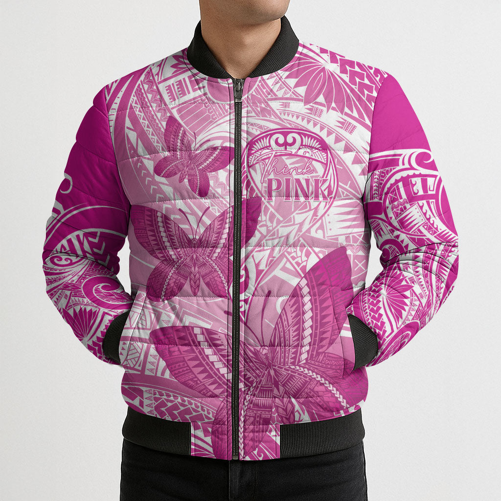 Personalised Polynesia Breast Cancer Support Bomber Puffer Jacket Think Pink Ribbon Polynesian Butterflies