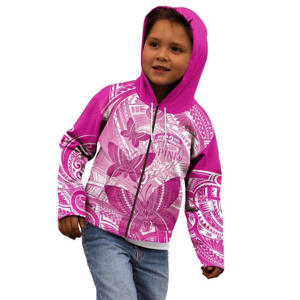 Personalised Polynesia Breast Cancer Support Kid Hoodie Think Pink Ribbon Polynesian Butterflies