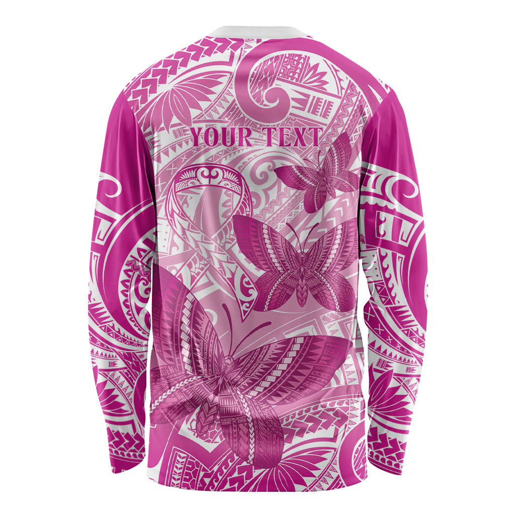 Personalised Polynesia Breast Cancer Support Long Sleeve Shirt Think Pink Ribbon Polynesian Butterflies