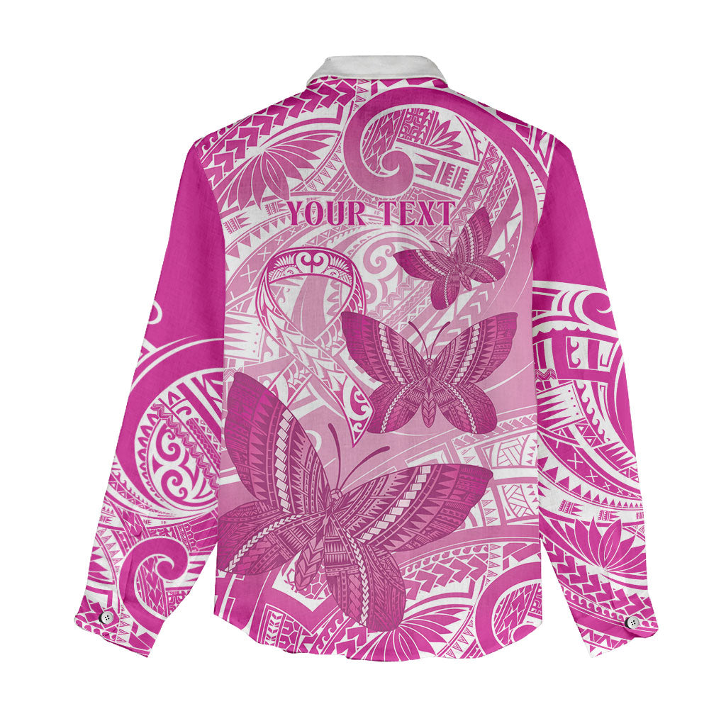 Personalised Polynesia Breast Cancer Support Women Casual Shirt Think Pink Ribbon Polynesian Butterflies