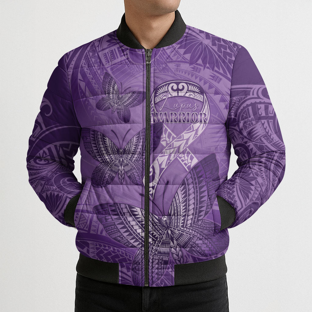 Personalised Polynesia Lupus Support Month Bomber Puffer Jacket Warrior Purple Ribbon Polynesian Butterflies