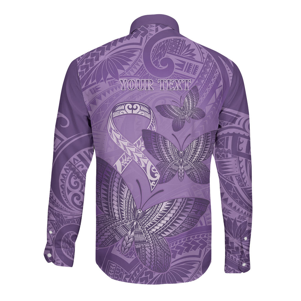 Personalised Polynesia Lupus Support Month Long Sleeve Button Shirt Warrior Purple Ribbon Polynesian Butterflies