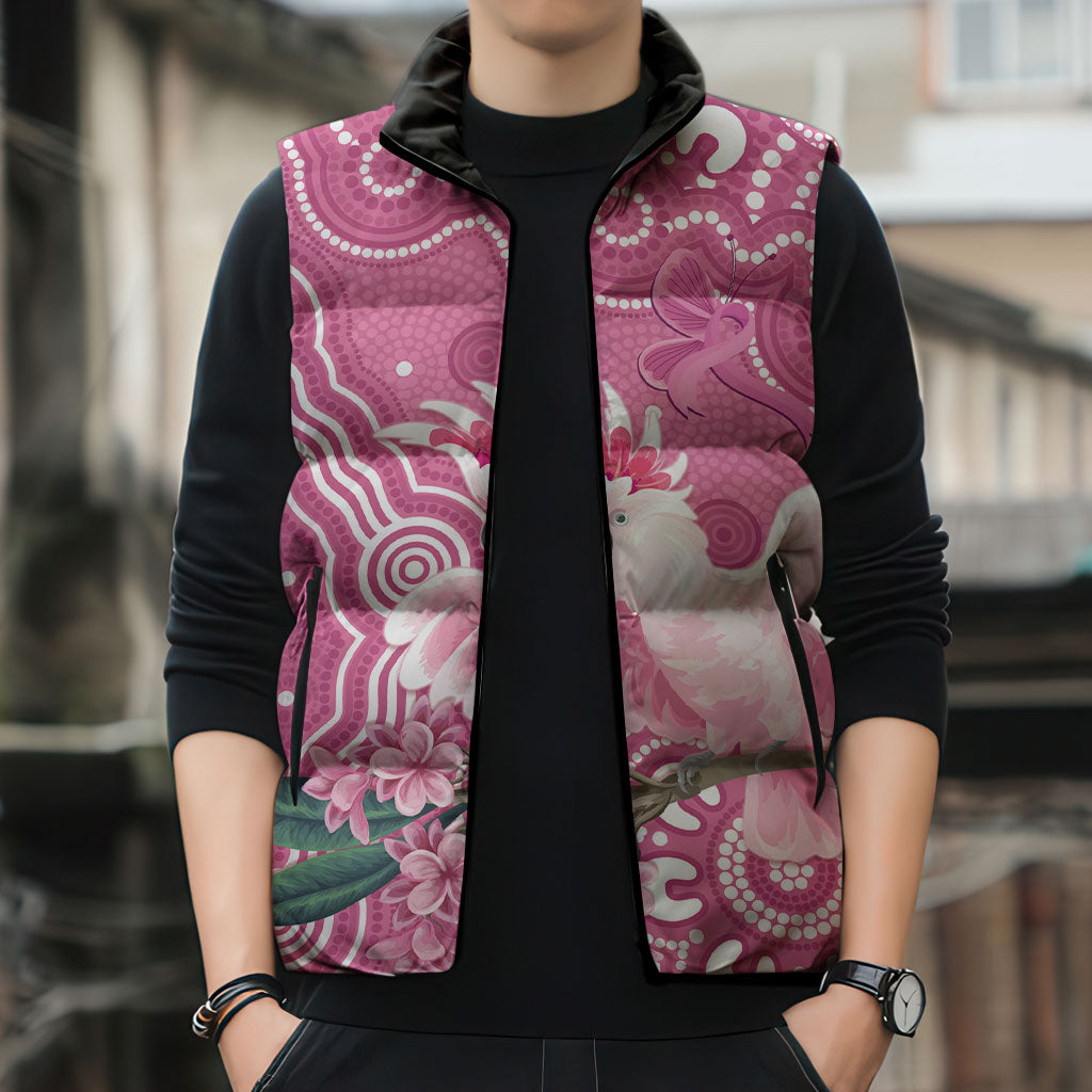 Australia Breast Cancer Support Sleeveless Puffer Jacket Pink Cockatoo Ribbon Aboriginal Art
