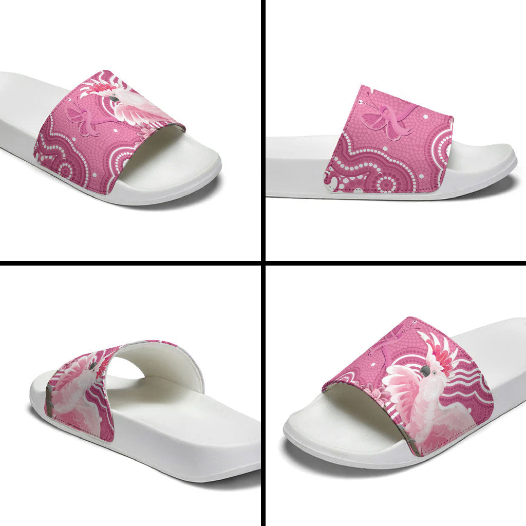 Australia Breast Cancer Support Slide Sandals Pink Cockatoo Ribbon Aboriginal Art