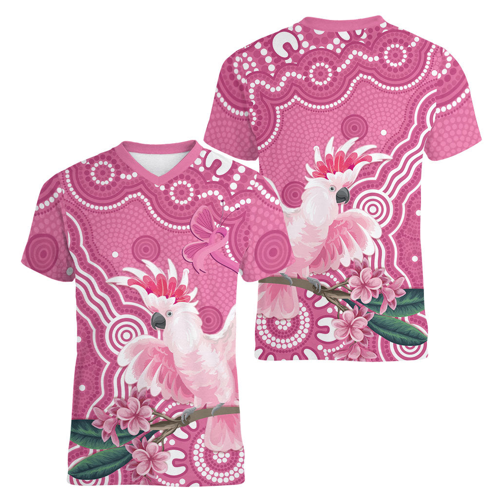 Australia Breast Cancer Support Women V-Neck T-Shirt Pink Cockatoo Ribbon Aboriginal Art
