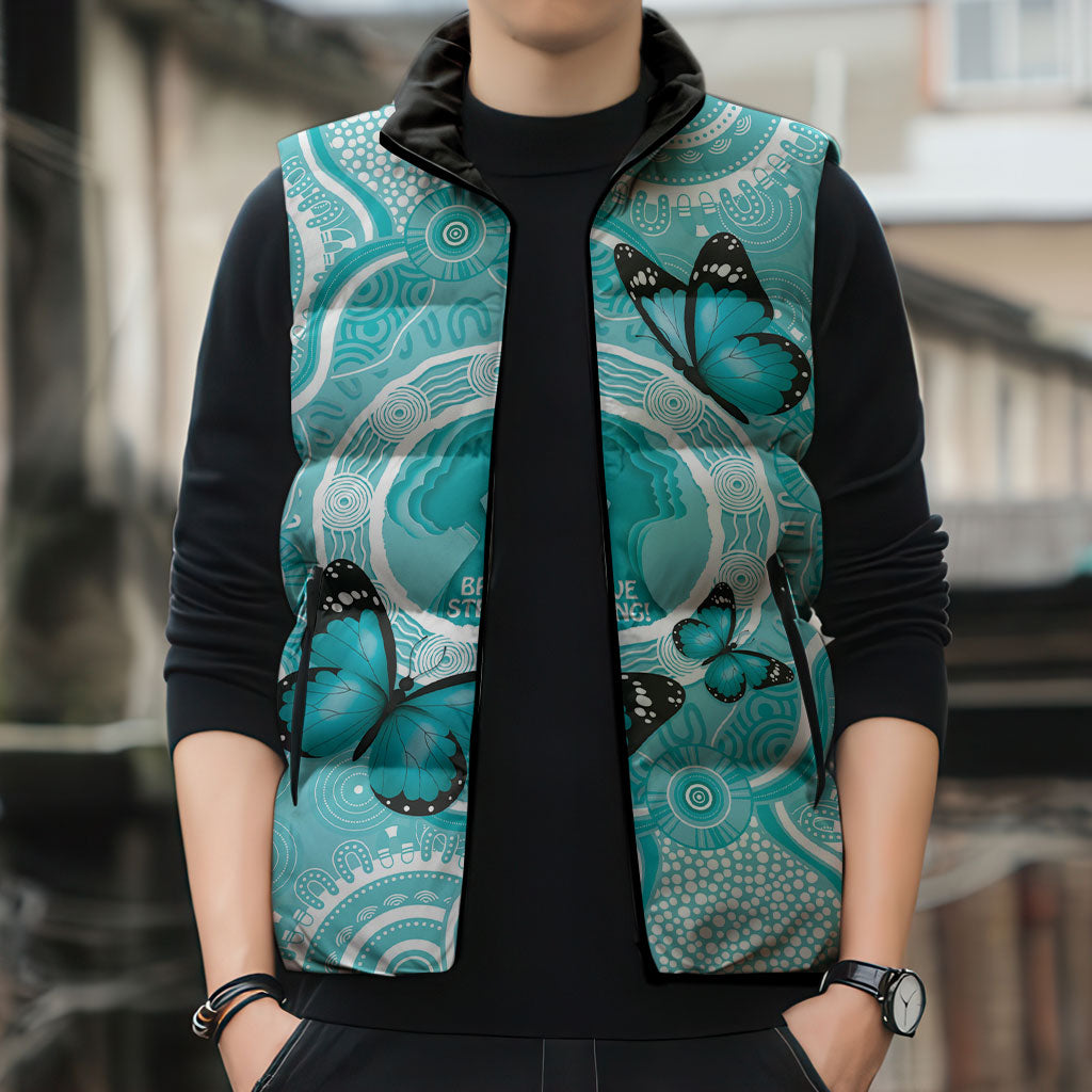 Australia Cervical Cancer Support Sleeveless Puffer Jacket Brave Strong Butterfly Aboriginal Art