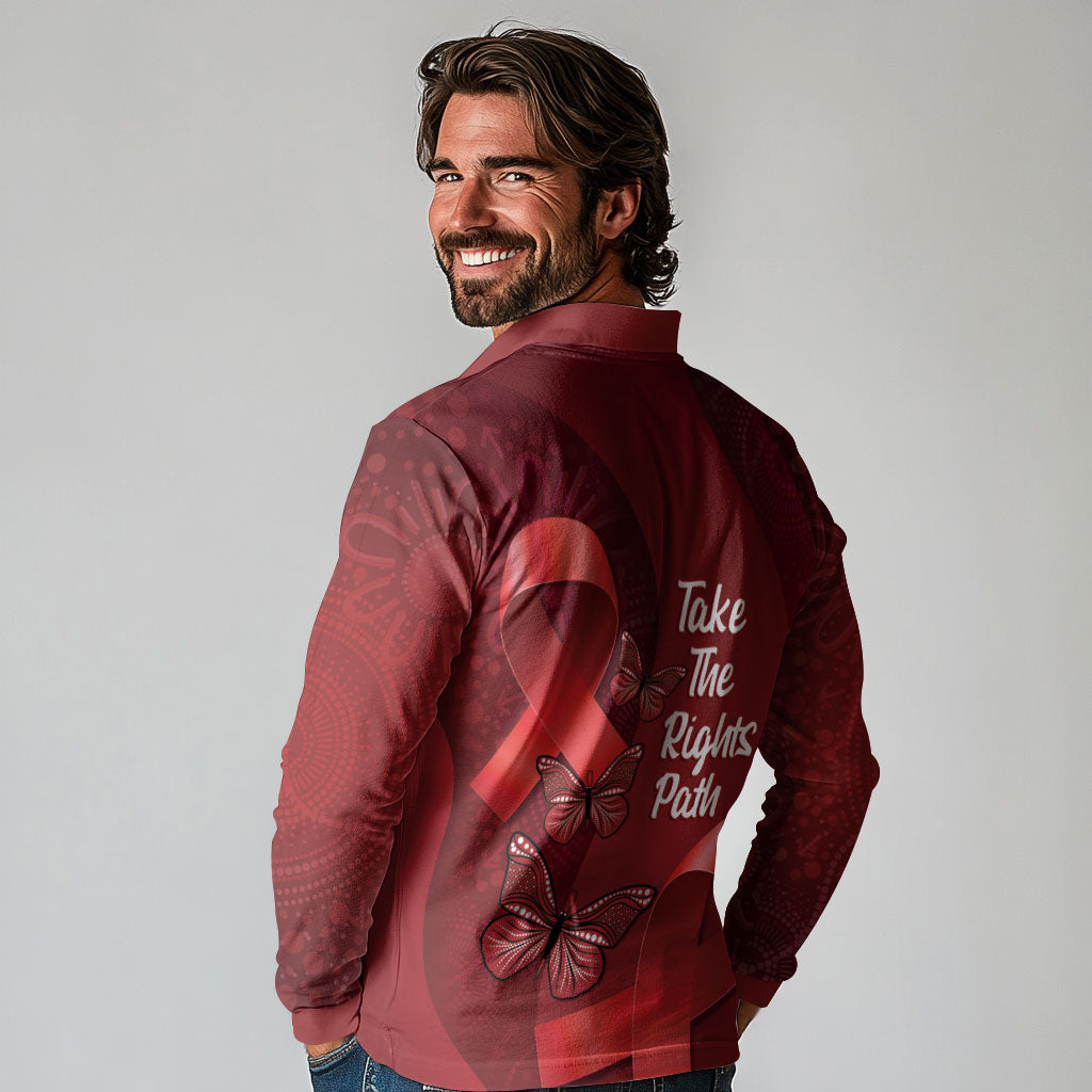 Australia AIDS Support Long Sleeve Polo Shirt Take The Rights Path Aboriginal Art
