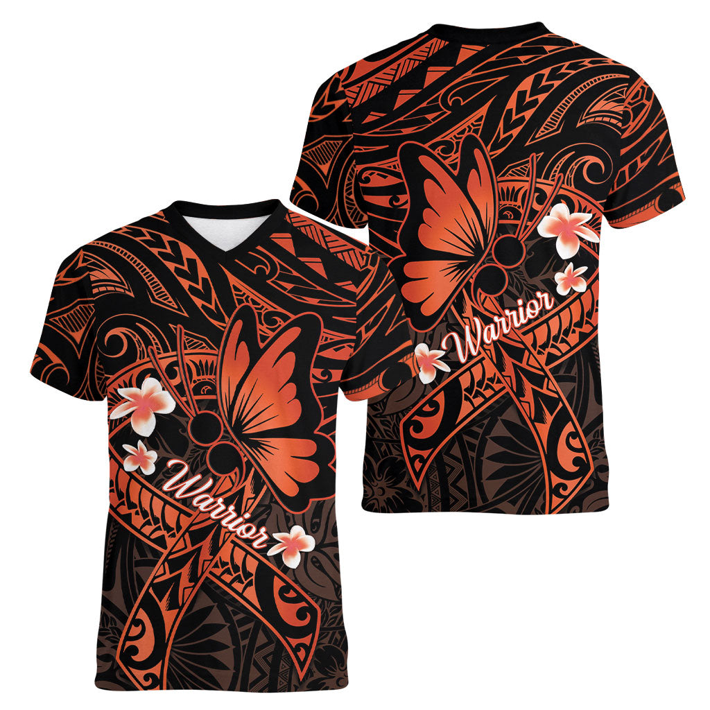 Polynesia Leukemia Warrior Women V-Neck T-Shirt Butterfly Polynesian Orange Ribbon