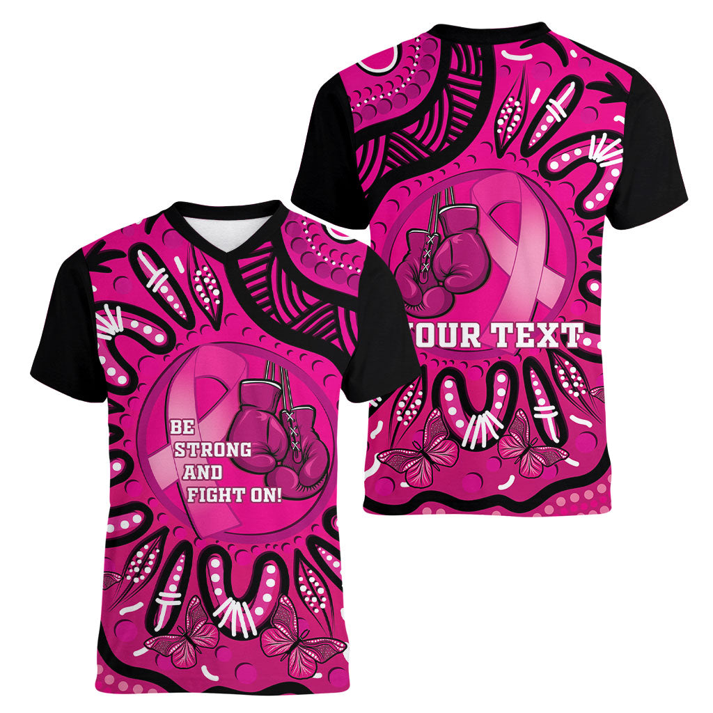 Personalised Australia Breast Cancer Women V-Neck T-Shirt Pink Boxing Ribbon Be Strong And Fight On