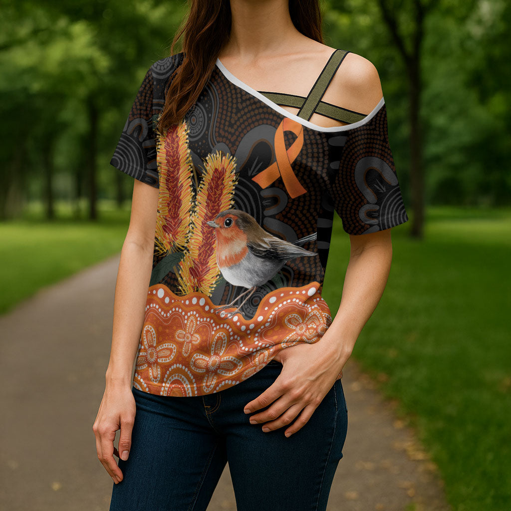 Australia Leukemia Support Cross Shoulder Shirt Flame Robin Bottlebrush Aboriginal Art