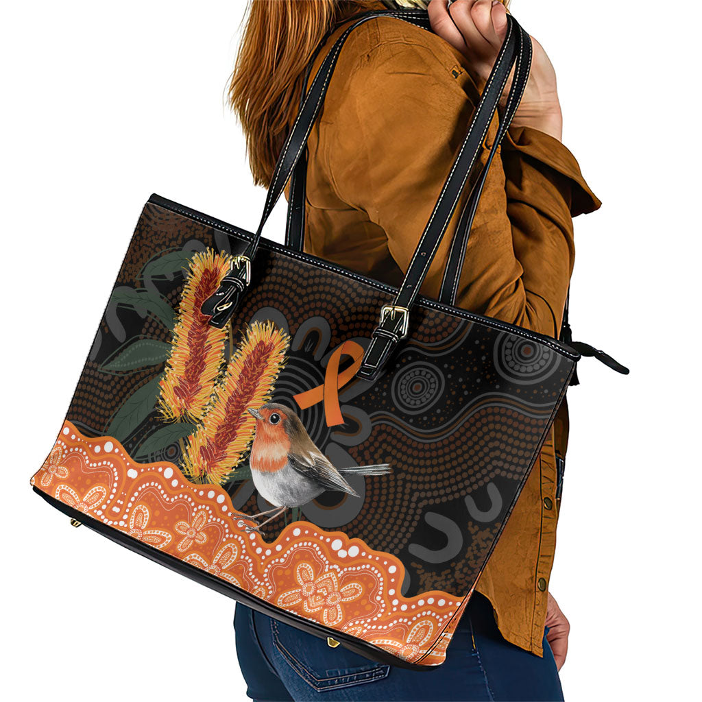 Australia Leukemia Support Leather Tote Bag Flame Robin Bottlebrush Aboriginal Art