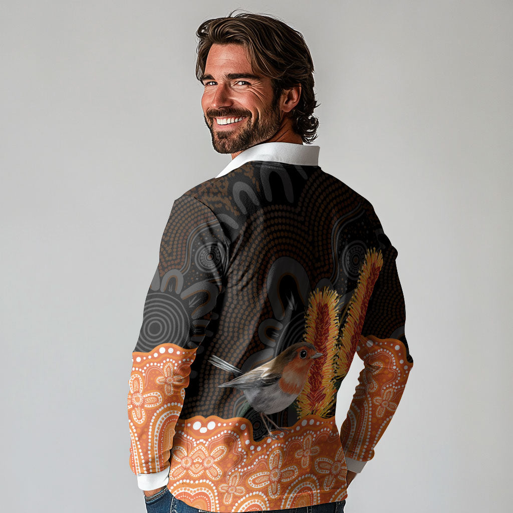 Australia Leukemia Support Long Sleeve Polo Shirt Flame Robin Bottlebrush Aboriginal Art