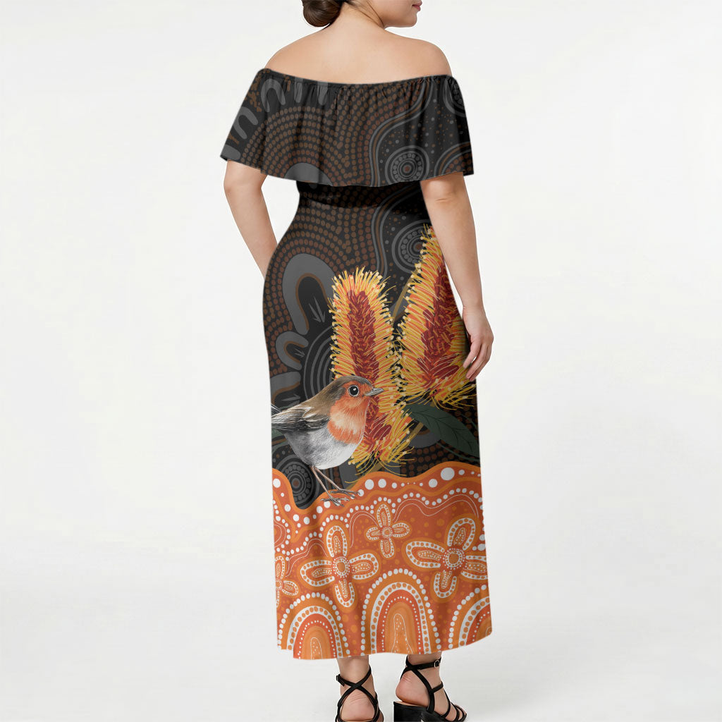Australia Leukemia Support Off Shoulder Maxi Dress Flame Robin Bottlebrush Aboriginal Art