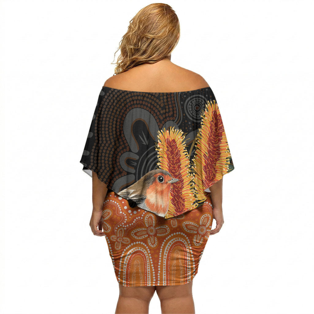 Australia Leukemia Support Off Shoulder Short Dress Flame Robin Bottlebrush Aboriginal Art