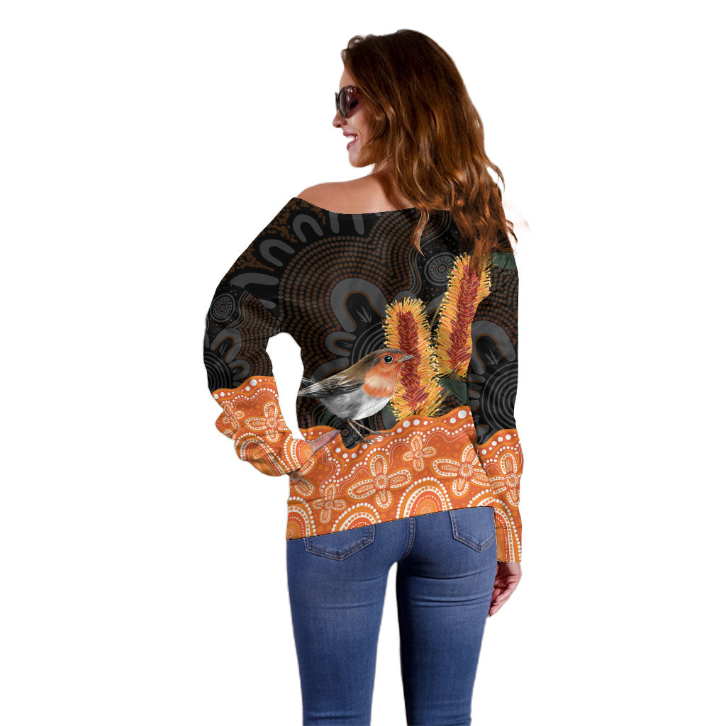 Australia Leukemia Support Off Shoulder Sweater Flame Robin Bottlebrush Aboriginal Art