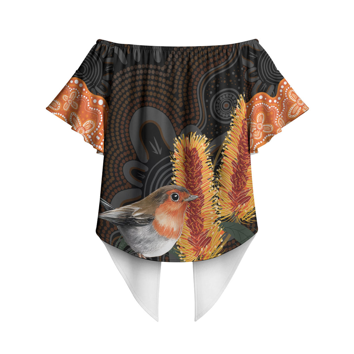 Australia Leukemia Support Off Shoulder Wrap Waist Top Flame Robin Bottlebrush Aboriginal Art