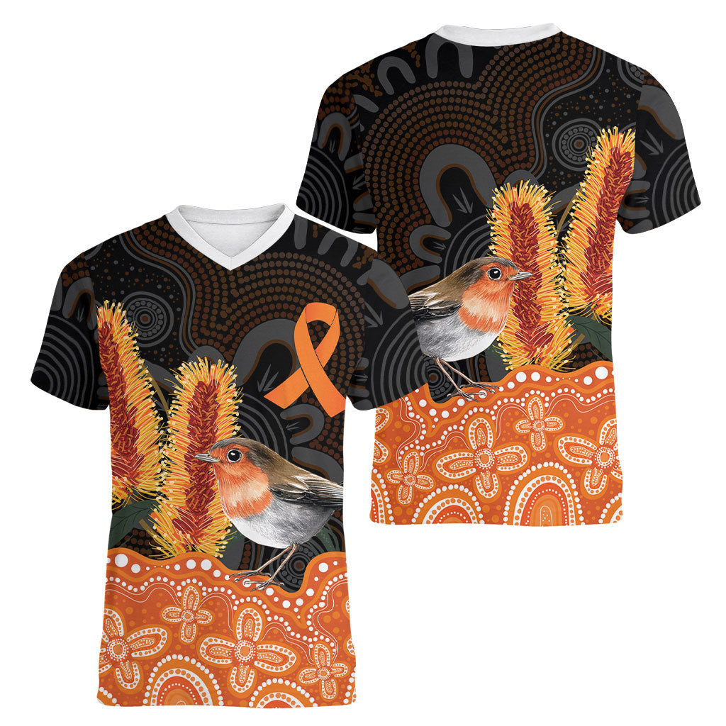 Australia Leukemia Support Women V-Neck T-Shirt Flame Robin Bottlebrush Aboriginal Art